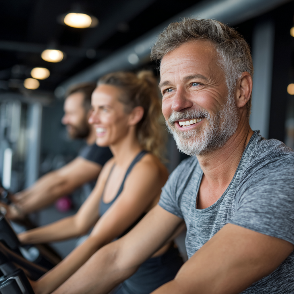 middle-aged adults enjoying fitness activities in modern gym